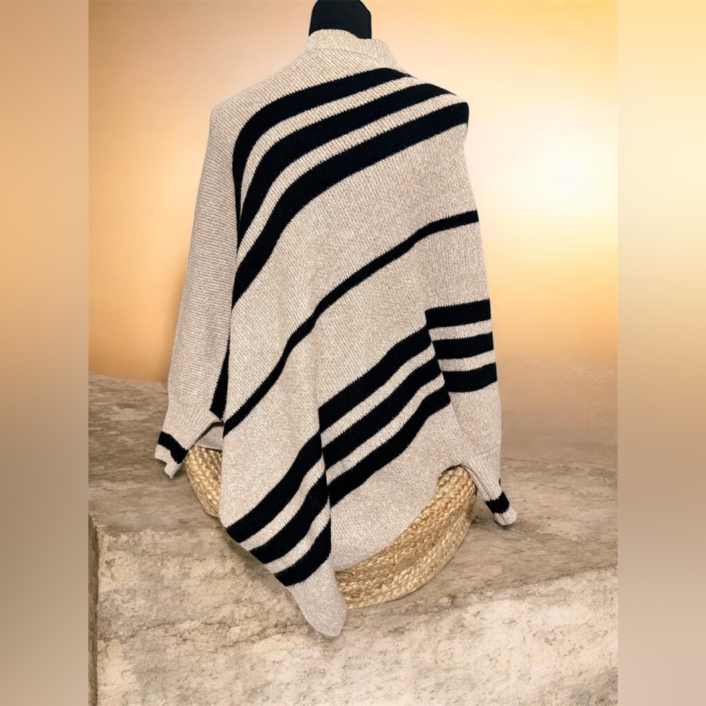 DONATED: ✨ Oatmeal & Black Striped Knit Poncho Sweater | Modern Wrap